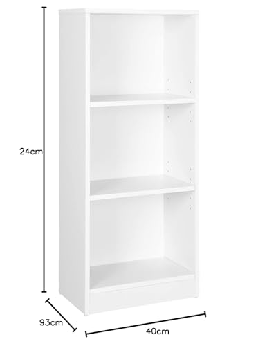 VASAGLE Bücherregal, Regal mit 3 Fächern, Standregal, mit höhenverstellbaren Ablagen, für Wohnzimmer, Kinderzimmer, Büro, 24 x 40 x 93 cm, weiß LBC103W