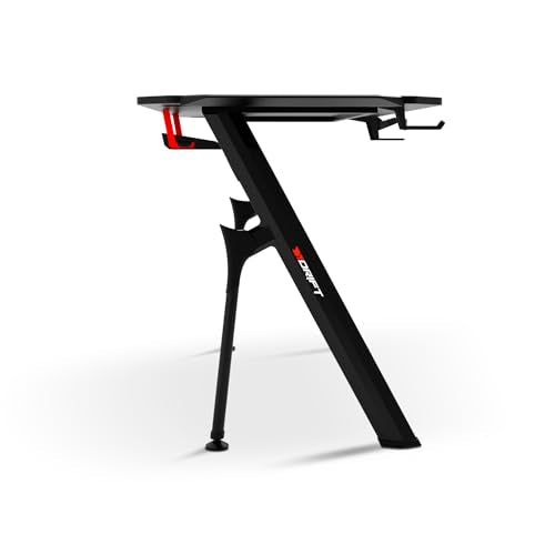 DRIFT GAMING DRDZ175RGB - Gaming-Tisch mit Kohlefaser-Tischplatte, Getränke- und Headset-Halter, Sound Reactive RGB-Seiten, Mousepad 80 x 30 cm, Schwarz, 130 x 60 x 75 cm