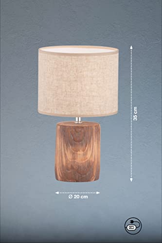 Fischer & Honsel Tischleuchte Malik, Betonlampe in Holzoptik mit Stoff-Lampenschirm & Schnurschalter, Beton in Holzfarben & Leinen in Sandfarben, Höhe 35cm, Durchmesser 20 cm