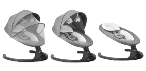 MoMi KENANI Babywippe für Kinder bis 9 kg, klappbar, mit Fernbedienung & Bluetooth zum Verbinden mit Smartphone, Batterie- oder Stromanschluss, mit 5-Punkt-Sicherheitsgurt, Sonnenschutz, Insektennetz