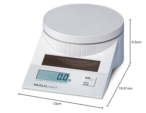 MAUL Briefwaage MAULtronic S 19,6x13x6,5 cm | Waage Solar bis 2kg belastbar | Moderne Küchenwaage mit 0,5 - 1g Teilung | Automatische Nullstellung und Abschaltautomatik | Weiß