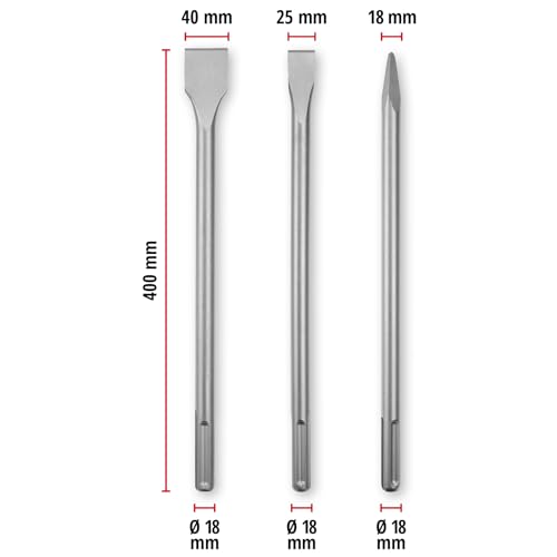 Original Einhell 3-tlg. SDS Max Meißel-Set, 400 mm (mit Spitzmeißel, 20 mm breitem Flachmeißel, und 40 mm breitem Spatmeißel aus langlebigem 40Cr Stahl für Abbruch- und Renovierungsarbeiten)