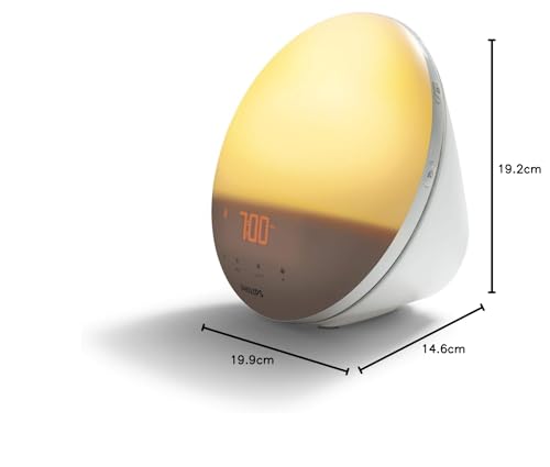 Philips Wake-up Light, farbige Sonnenaufgangssimulation, 20 Lichtstärken, 7 natürliche Klänge, Mitternachtslicht (Modell HF3531/01)