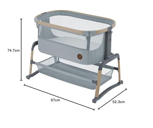 Maxi-Cosi Iora Air Beistellbett Baby, Co-Sleeper mit Allround-Netzgewebe, 0–6 Monate (9 kg), Schaukelmodus,5 Höhenstufen, Leichtes Schieben, Leicht zu Tragen, 2 Räder, Beyond Grey