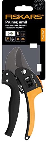 Fiskars Amboss-Gartenschere für trockene Zweige und Äste, Antihaftbeschichtet, Hochwertige Stahl-Klingen, Länge: 19 cm, Schwarz/Orange, PowerStep, P83, 1000575