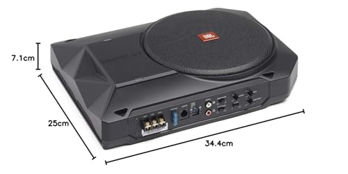 JBL BassPro SL2 Aktiv Subwoofer Auto Set - Car hifi Untersitz Bassbox Gehäuse mit Bassreflex Woofer box groß 200mm und 125 Watt aktiver Verstärker, Schwarz, 44