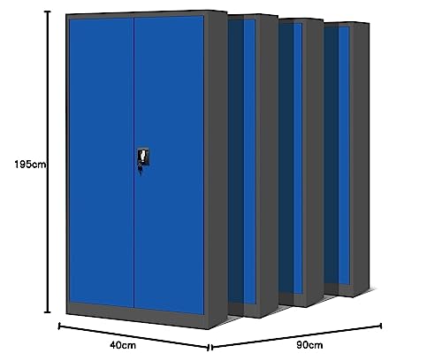 Jan Nowak 4er Set Aktenschrank C001H Büroschrank Metallschrank Stahlschrank Werkzeugschrank Stahlblech Pulverbeschichtet Flügeltürschrank Abschließbar 195 cm x 90 cm x 40 cm (anthrazit/blau)