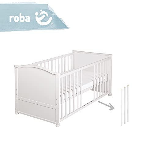 roba Babybett Set Adam & Eule - 70 x 140 cm - Mitwachsendes Kinderbett mit Bettwäsche, Himmel, Matratze - Höhenverstellbar - zu Juniorbett umbaubar - Holz weiß