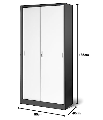 Jan Nowak Aktenschrank Büroschrank mit Schiebetüren Metall 4 Fachböden Pulverbeschichtung Abschließbar 185 cm x 90 cm x 40 cm (Anthrazit-Weiß)