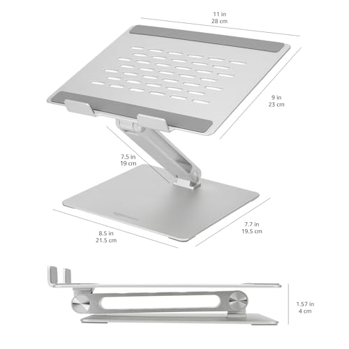 Amazon Basics Verstellbarer ergonomischer Laptopständer mit Wärmeabzug, stufenlose Höhen- und Winkelverstellung, ideal für einen Laptop bis 43,9 cm (17,3 Zoll), 27.9 x 23 x 5.6 cm, Silber