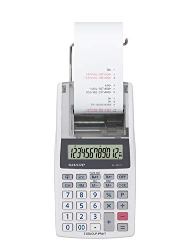 Sharp Druckender Mini-Tischrechner EL-1611V (großes 12-stelliges LCD Display, schwarz rote Druckfarben) Weiß