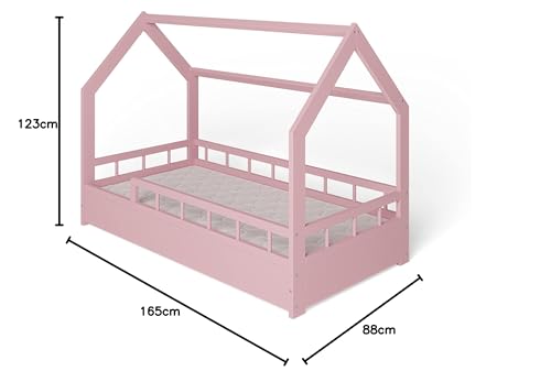 ms factory Hausbett mit Matratze Kinderbett 80x160 cm mit Rausfallschutz und Lattenrost - Einzelbett aus Kiefernholz für Mädchen und Junge - Rosa