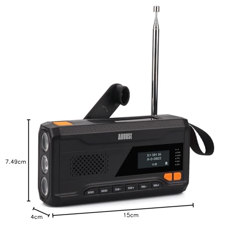 August MB290B Kurbelradio DAB/FM/Bluetooth - Solar Radio 4500mAh wiederaufladbare Powerbank, 3 Modi LED Taschenlampe Sleeptimer SOS-Alarm 3.5mm Notfallradio mit Handkurbel für Camping Wandern Zelten