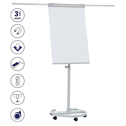 FRANKEN Flipchart, Beschreibbar, Magnetisch, Mobil, Mit Rollen und 2 Seitenarmen, Whiteboard mit Ständer, Papierhalterung und Stifteablage, 68 x 105 cm, ECO Mobil, F2400/N