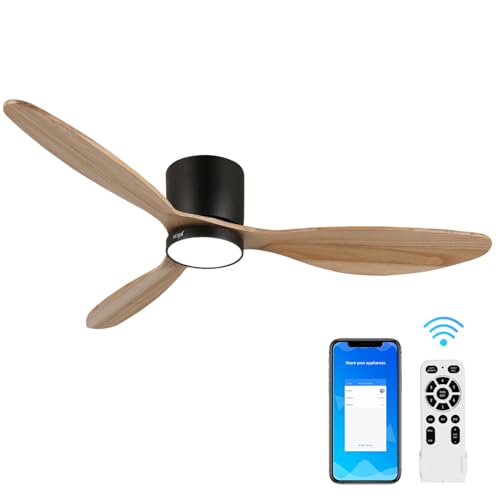 reiga Deckenventilator mit Fernbedienung, 132cm Leiser Deckenventilator mit Lampe, 6 Windgeschwindigkeiten, Smart Alexa Ventilator - Natürliche Holzfarbe der Blätter