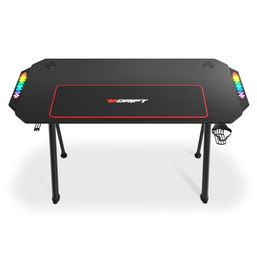 DRIFT GAMING DRDZ175RGB - Gaming-Tisch mit Kohlefaser-Tischplatte, Getränke- und Headset-Halter, Sound Reactive RGB-Seiten, Mousepad 80 x 30 cm, Schwarz, 130 x 60 x 75 cm