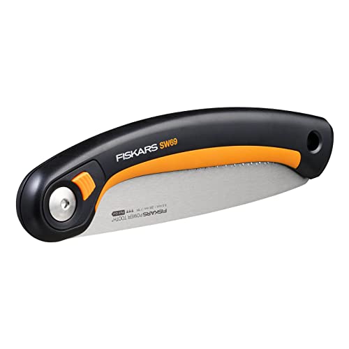 Fiskars Plus Klappsäge, Für dicke Stämme und Äste, 3 Schneidpositionen, Scharfes Power Tooth-Blatt, Grobzahnung, Blattlänge: 21 cm, Schwarz/Orange, SW69, 1067553