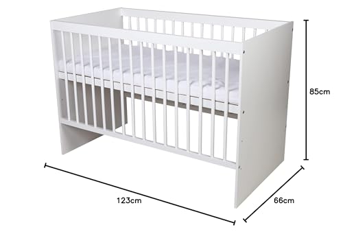 KMbaby Babybett TANY Weiß 120 x 60 cm mit Matratze - Baby Kinderbett Gitterbett mit Lattenrost 3 Stufen Höhenverstellbar - Lackiertes Kiefernholz