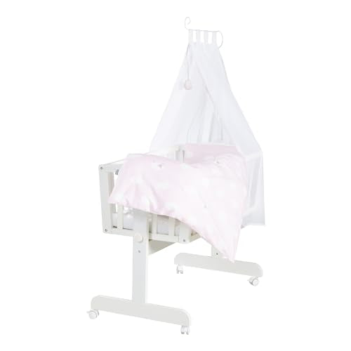 roba Babywiege 40 x 90 cm Kleine Wolke aus Holz - Stubenwagen & Wiege - Bett Set komplett mit Feststellfunktion - Wolken Motiv in Rosa - Inkl. Ausstattung - Holz weiß