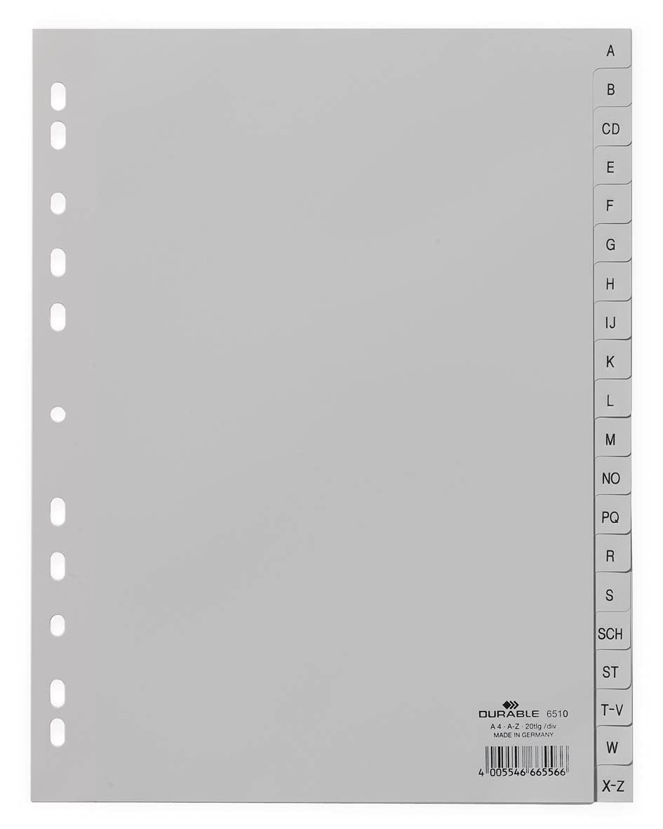 Durable A-Z Register (A4, geprägte Taben, 20tlg., aus PP, volldeckend) 20 Stück, grau, 651010