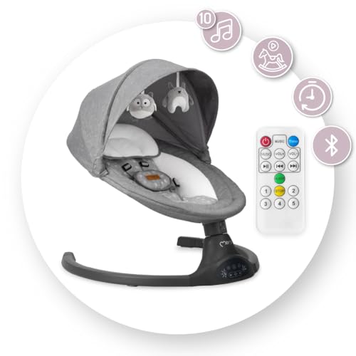 MoMi KENANI Babywippe für Kinder bis 9 kg, klappbar, mit Fernbedienung & Bluetooth zum Verbinden mit Smartphone, Batterie- oder Stromanschluss, mit 5-Punkt-Sicherheitsgurt, Sonnenschutz, Insektennetz