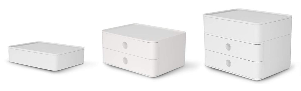HAN Schubladenbox Allison SMART-BOX plus mit 2 Schubladen, Trennwand sowie Utensilienbox, inkl. Kabelführung, stapelbar, Büro, Schreibtisch, Küche, möbelschonende Gummifüße, 1100-12, hochglänzend weiß
