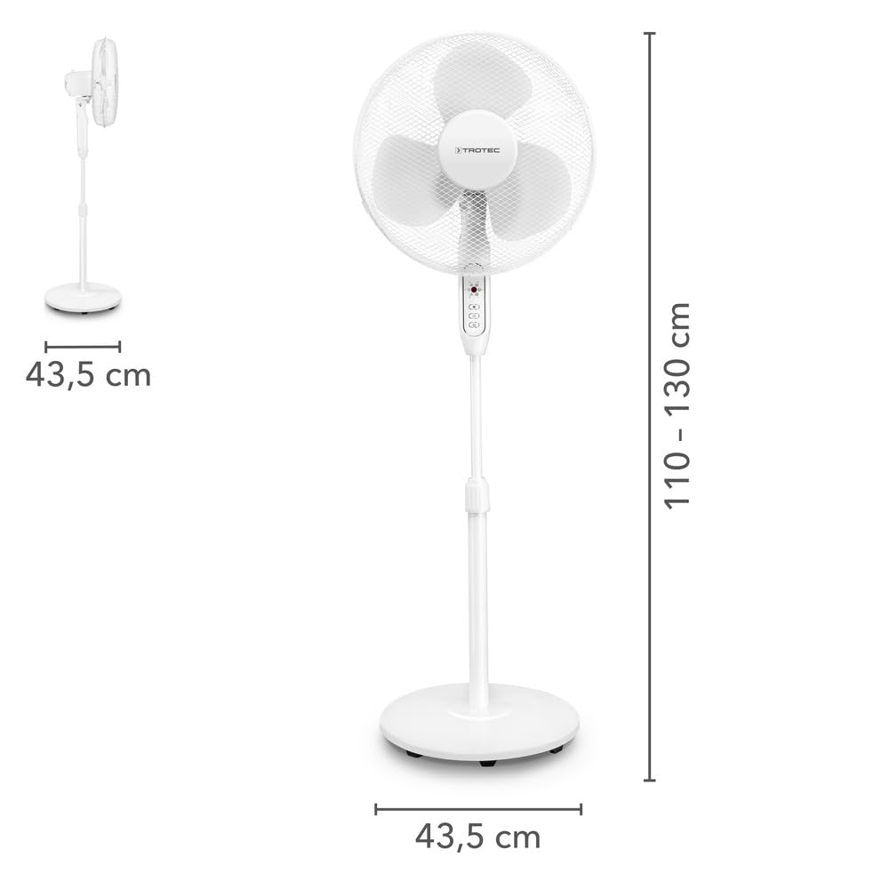 TROTEC Standventilator TVE 25 S, geräuscharmer Ventilator, 40 Watt, 3 Gebläsestufen, 80°-Oszillation, stufenlos höhenverstellbar bis 130 cm, Timer-Funktion, Fernbedienung