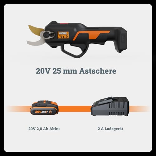 Worx NITRO WG330E Akku Astschere 20V - Müheloses Schneiden dank elektrischen Antrieb, Bürstenloser Motor, inkl. 2Ah Akku und Ladegerät