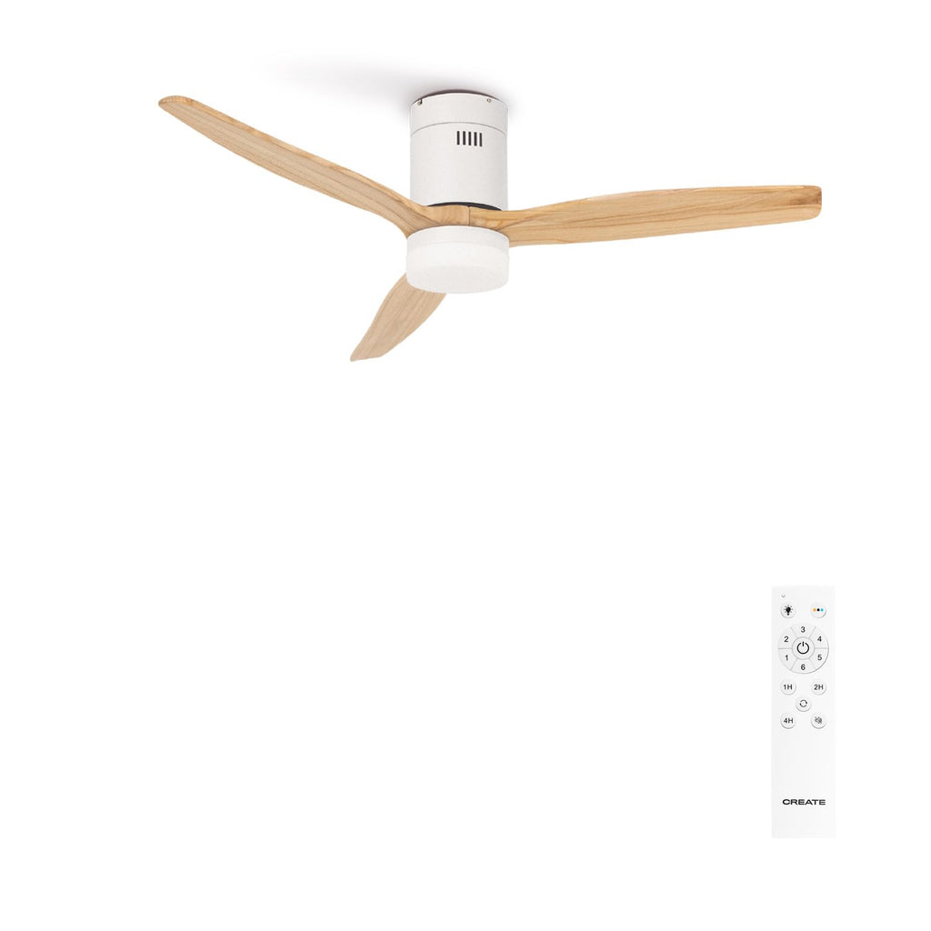 CREATE / WINDCALM M/Deckenventilator ABS mit Beleuchtung Weiß Hellesholzflügel-Optik mit Fernbedienung / 40W, Leise, Ø132cm, 6 Geschwindigkeiten, Timer, DC-Motor, Sommer-Winterbetrieb