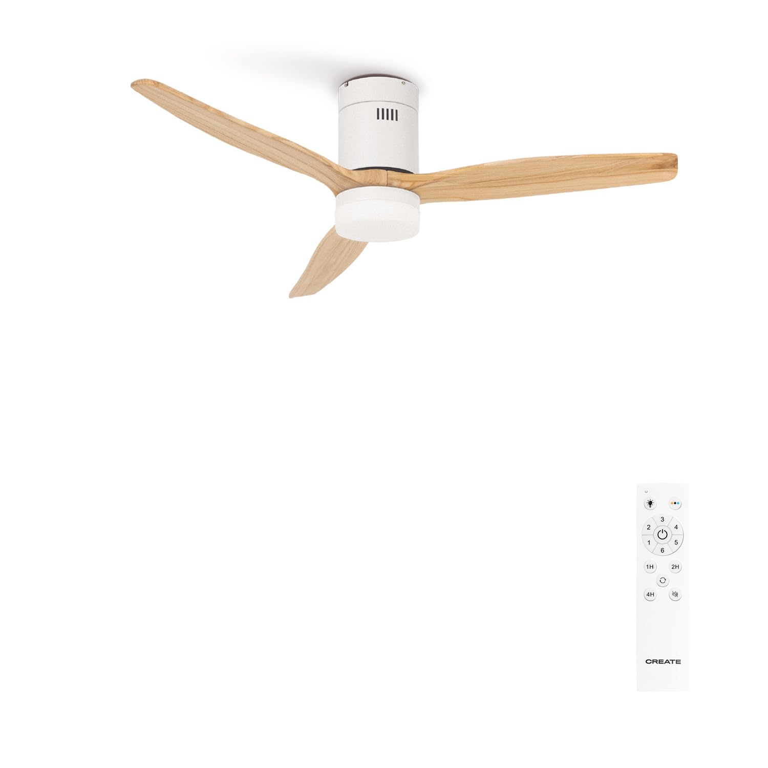 CREATE / WINDCALM M/Deckenventilator ABS mit Beleuchtung Weiß Hellesholzflügel-Optik mit Fernbedienung / 40W, Leise, Ø132cm, 6 Geschwindigkeiten, Timer, DC-Motor, Sommer-Winterbetrieb