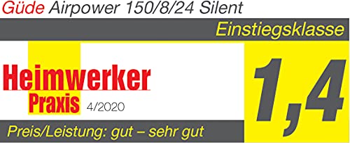Güde Kompressor Airpower 150/8/24 SILENT (ölfrei, flüsterleise, max. 8 bar, 1100 W, 24 l Kessel , eff. Liefermenge 130 l/min, Druckminderer, 2x Manometer, Sicherheitsventil & Wasserablassschraube)