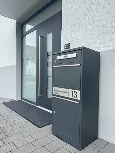 Metzler Paketbox, Briefkasten mit großem Paketfach in Anthrazit, personalisierte Paketbox für draußen, Standbriefkasten mit Paketfach, Paketkasten, Postbox mit Gravur, rostfrei und massiv - Bispo 2