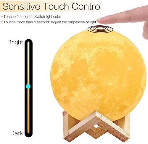 AGM 3D Mondlampe 15CM 2 Farben, USB wiederaufladbare Berührungslampe Empfindliches Nachtlicht mit Holzständer für Schlafzimmer