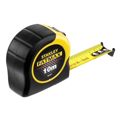 Stanley FatMax Bandmass Blade Armor, 10m Länge, Feststeller, automatischer Rücklauf, Gürtelclip, DynaGrip, 0-33-811