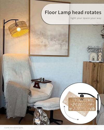 LuminexDesigns Stehlampe Wohnzimmer Vintage Rattan - Stehleuchte Schwarz Retro E27 mit Ablage Höhenverstellbar 176CM Boho Standleuchte mit 2M Kabel Fußschalter Beige Standlampe für Schlafzimmer