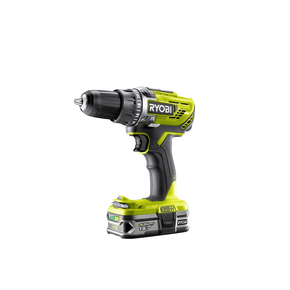 RYOBI 18 V ONE+ Akku-Bohrschrauber R18DD3-215S, 2-Gang-Getriebe, 13 mm Schnellspannbohrfutter, inkl. 2 x 1,5 Ah Akku und Ladegerät