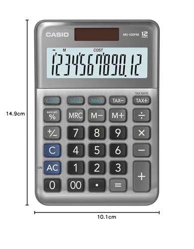 Casio Tischrechner MS-120FM, 12-stellig, Steuerberechnung, Cost/Sell/Margin, Aluminiumfront, Vorzeichenwechsel, Solar/Batteriebetrieb