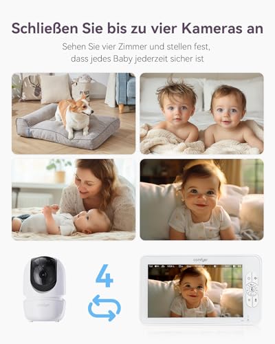 Comfyer Split-Screen Babyphone mit 2 Kameras, 7" HD 720P Video Babyphone ohne WLAN mit Halterung, IR-Nachtsicht Vox-Modus 2-Wege-Audio 6000mAh 300M Reichweite Videoüberwachungsgeräte