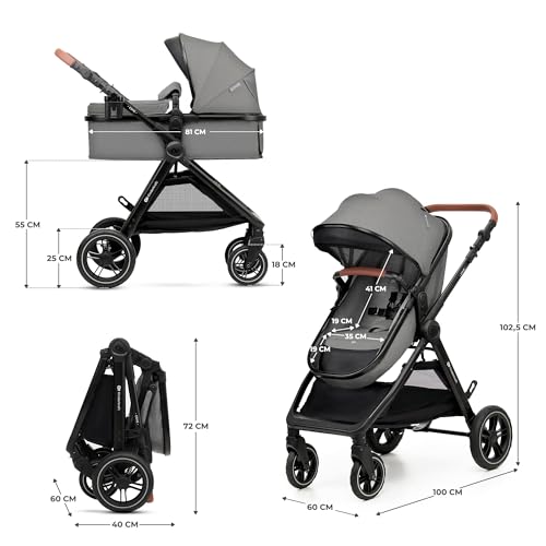 Kinderkraft ESME Kinderwagen 3 in 1 komplettset bis 26 kg, Kombikinderwagen reisesysteme mit Babyschale I-size 40-75 cm, Zusammenklappen, Liegeposition, Grau