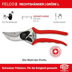 FELCO 2 professionelle Bypass-Gartenschere für Rechtshänder, 41 mm gehärtete Stahlklinge, geschmiedete Aluminiumgriffe, robustes Werkzeug für mittelgroße bis große Hände, 25 mm Schnitt, Swiss Made