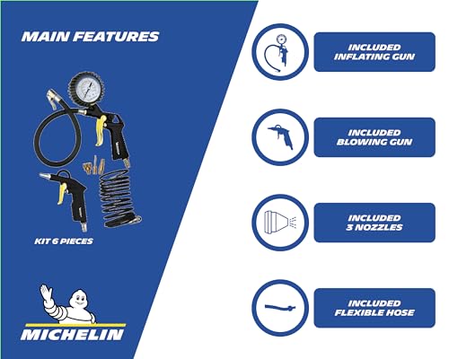 MICHELIN 3-teiliger Druckluft-Kit (enthält Füllpistole mit Manometer, 5m Spiralschlauch, kurze Ausblaspistole) - Maximaler Druck : 8 bar