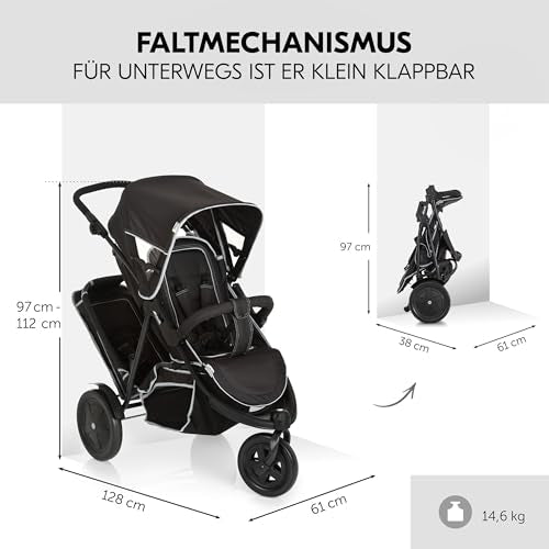 hauck Freerider, Schwarz - 3 Rad Geschwisterbuggy mit Regenschutz für 2 Kinder - Oberer Sitz mit Liegefunktion ab Geburt - Unterer Sitz ab 6 Monaten - Max. 15 Pro Sitz - Höhenverstellbar