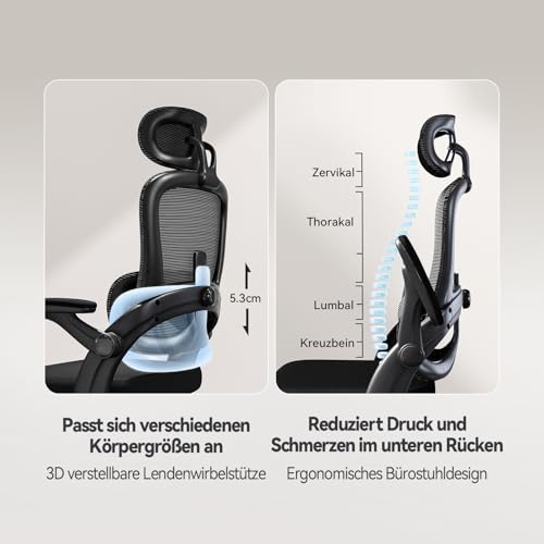 SIHOO M102C Bürostuhl Ergonomisch Schreibtischstuhl, Drehstuhl mit 3D-Armlehnen, Hohe Rückenlehne Lendenwirbelstütze Nach Oben und Unten, Höhenverstellung und Wippfunktion Schwarz