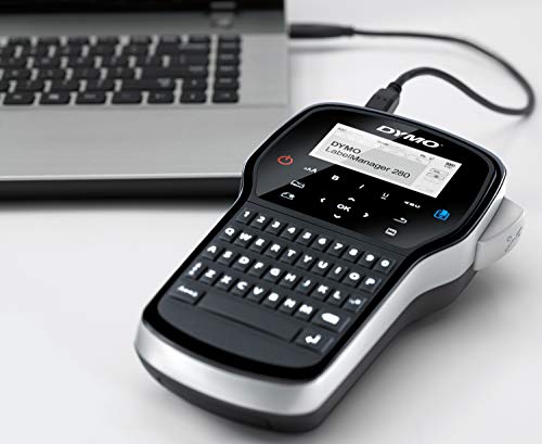 DYMO LabelManager 280 Wiederaufladbares Handheld-Etikettendrucker-Set, QWERTY-Tastatur, mit 2 Rollen D1-Etiketten und Tragetasche