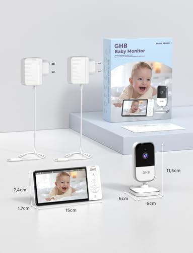GHB Babyphone mit Kamera 5 Zoll HD IPS Bildschirm 720P 5000 mAh VOX-Energiesparmodus 4-Fach-Zoom Nachtsicht Zwei-Wege-Audio Temperatursensor