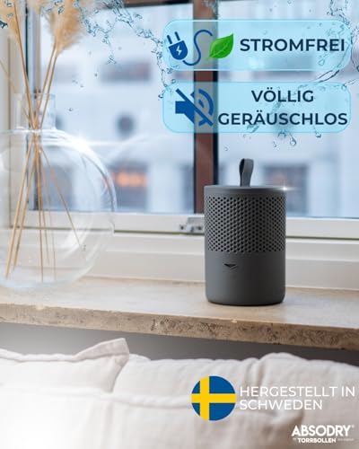 AbsoDry Luftentfeuchter ohne Strom bis 25m² - Inklusive Nachfüllpack - Aus recyceltem Kunststoff - Raumentfeuchter für Wohnzimmer, Badezimmer, Keller - Entfeuchter Wohnung - Dehumidifier - Grau