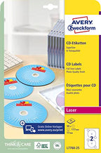 AVERY Zweckform L7760-25 selbstklebende CD-Etiketten (50 blickdichte CD-Aufkleber, Ø 117mm auf A4, SuperSize, Papier hochglänzend, bedruckbare Klebeetiketten für alle Laser-Drucker) 25 Blatt, weiß