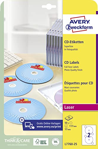 AVERY Zweckform L7760-25 selbstklebende CD-Etiketten (50 blickdichte CD-Aufkleber, Ø 117mm auf A4, SuperSize, Papier hochglänzend, bedruckbare Klebeetiketten für alle Laser-Drucker) 25 Blatt, weiß