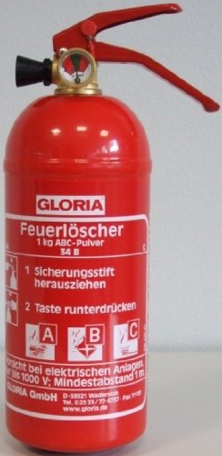 GLORIA 1 kg Pulver-Feuerlöscher für Kfz, Werkstatt, Boot, Küche oder Garage # mit Manometer # Kfz.-Halter und Sicherheitsspannband