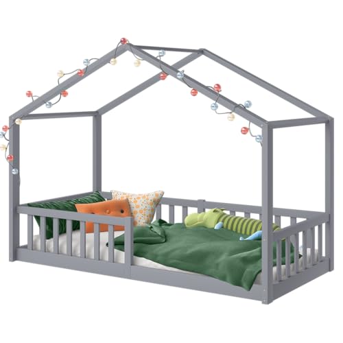 Bellabino Bia Kinderbett 90x200 cm – Bodenbett mit Rausfallschutz & Lattenrost – Hausbett aus Massivholz Kiefer – Montessori Kinder Bett in Hellgrau für Jungen und Mädchen